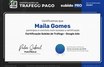 Certificação Subido de Tráfego - Google Ads em nome de Maíla Gomes