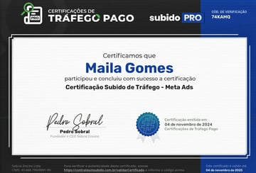 Certificação Subido de Tráfego - Meta Ads em nome de Maíla Gomes