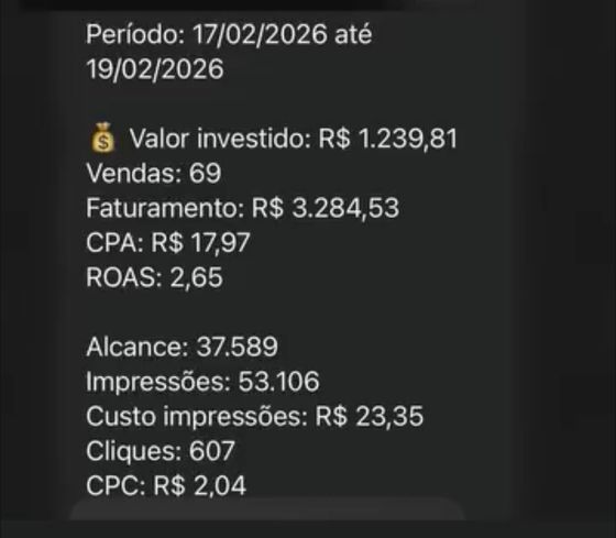 R$ 1.239 investidos, R$ 3.284 em vendas — conversa de cliente da Raio7 no WhatsApp