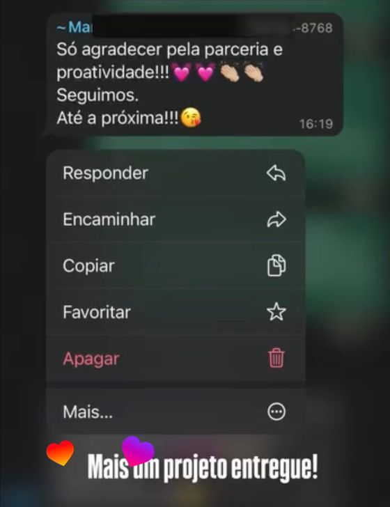 Projeto entregue e cliente satisfeito — conversa de cliente da Raio7 no WhatsApp