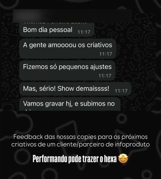 Criativos aprovados pelo cliente — conversa de cliente da Raio7 no WhatsApp