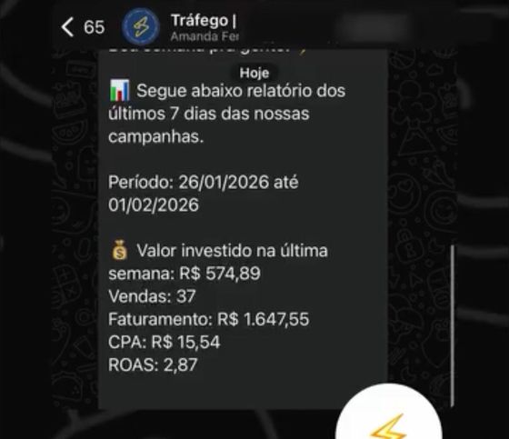 R$ 574 investidos, R$ 1.647 em vendas — conversa de cliente da Raio7 no WhatsApp