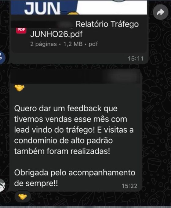 Vendas e visitas vindas do tráfego — conversa de cliente da Raio7 no WhatsApp
