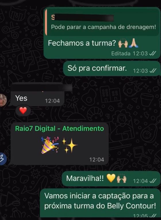 Turma fechada antes do previsto — conversa de cliente da Raio7 no WhatsApp