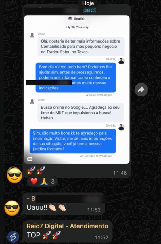Cliente atendido nos Estados Unidos — conversa de cliente da Raio7 no WhatsApp