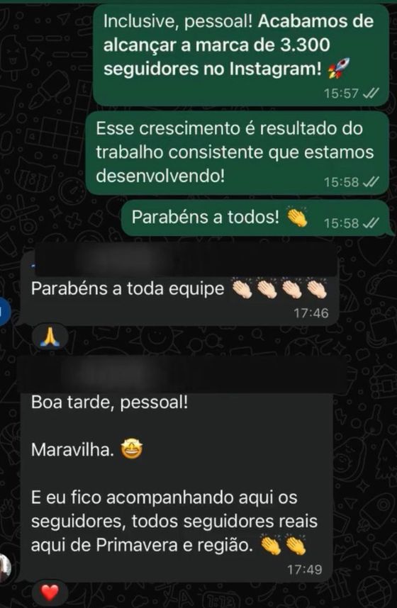 3.300 seguidores alcançados no Instagram — conversa de cliente da Raio7 no WhatsApp