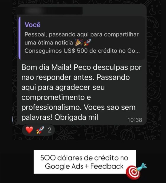 US$ 500 de crédito no Google Ads — conversa de cliente da Raio7 no WhatsApp