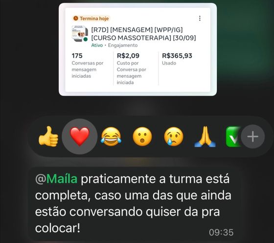 Turma do curso praticamente completa — conversa de cliente da Raio7 no WhatsApp