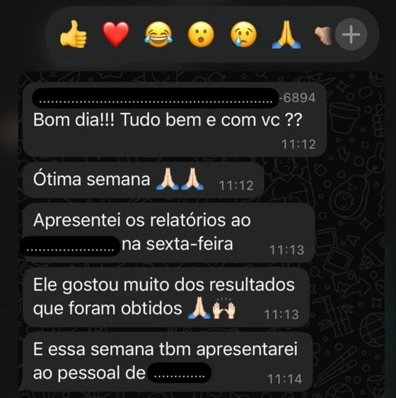 Relatórios aprovados pela direção — conversa de cliente da Raio7 no WhatsApp