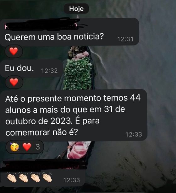 44 alunos a mais que no ano anterior — conversa de cliente da Raio7 no WhatsApp