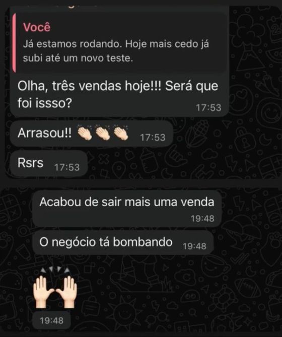 Três vendas em um único dia — conversa de cliente da Raio7 no WhatsApp